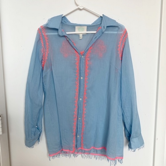 Z&L Tops - Z&L Blue Boho Button Down with Embroidery